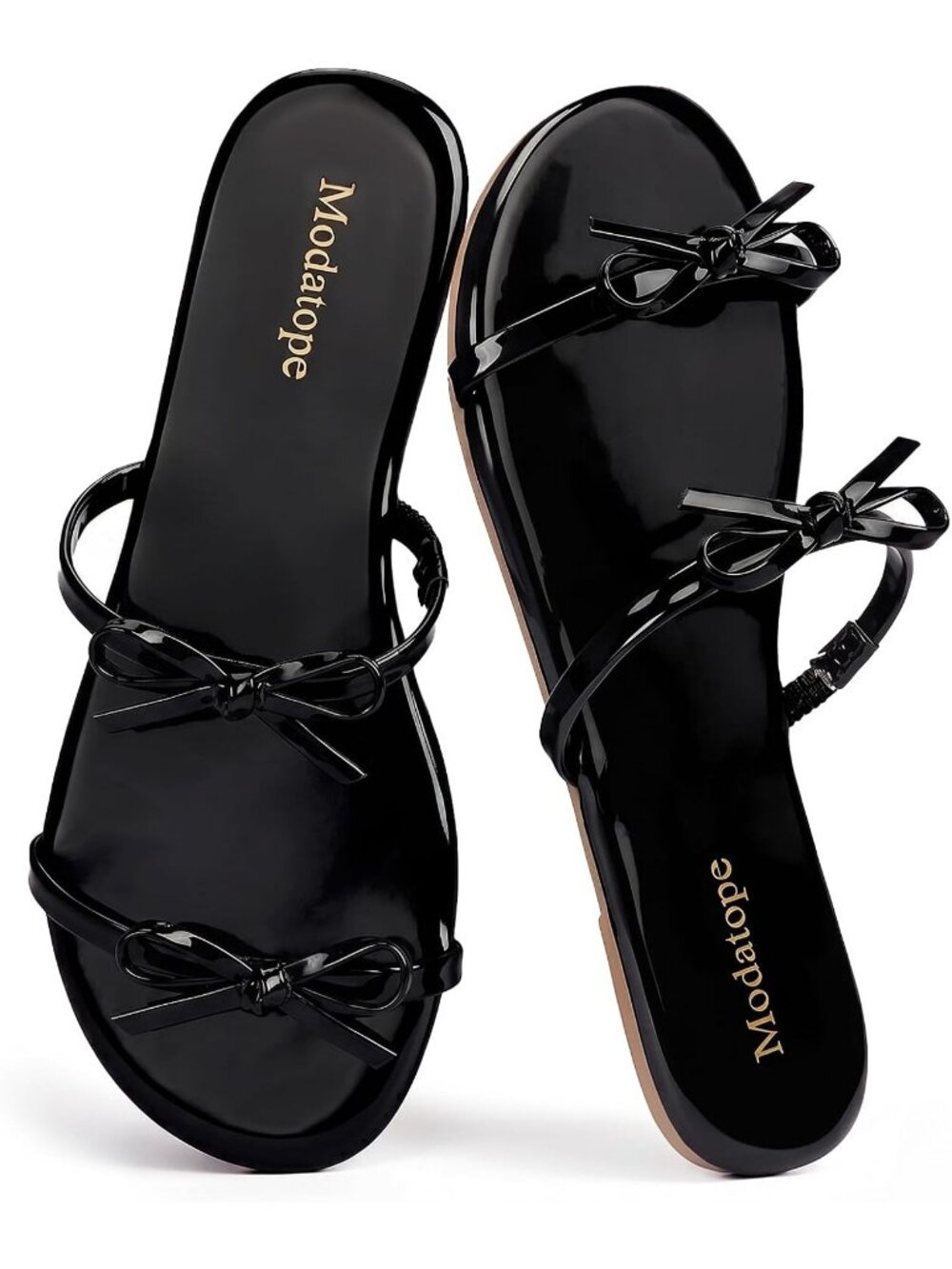 Women's Pat Black Faux Leather Flat Cute Bow Sandal Fashion Slip On Summer Shoes